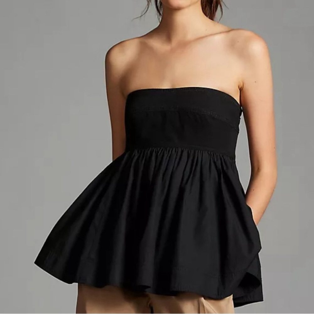 Pilcro Black Strapless Peplum Smocked Top